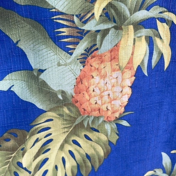 JAMAICA JAXX Men’s Silk Camp Collar Hawaiian Fern Pineapple Print Shirt Blue L - Picture 4 of 12